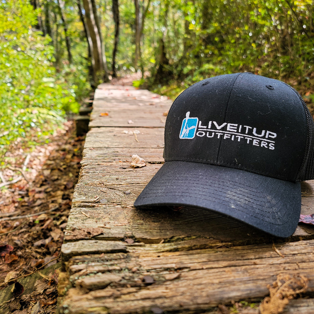 Live it Up Hat Apparel on Hiking Trail in New Jersey while Exploring and Finding New Things to Do Outdoors and in Nature Black Baseball Cap Vented High Performance Activewear